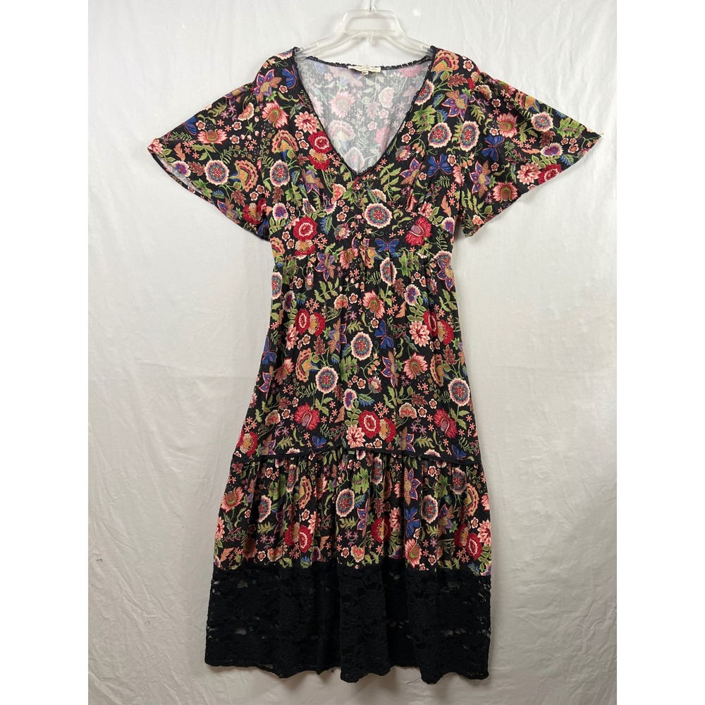 Penelope Rose Floral Maxi Dress Women XL Black Prairie Cottage Lace Trim Boho